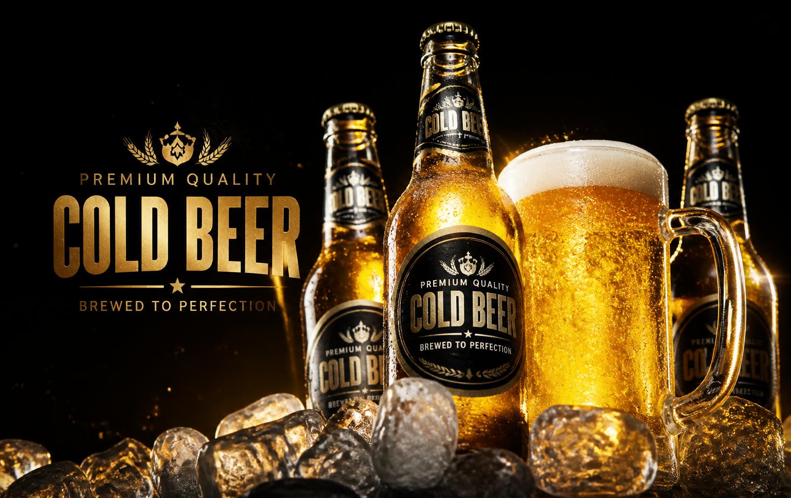 Garrafas de cerveja gelada e caneca com espuma sobre gelo